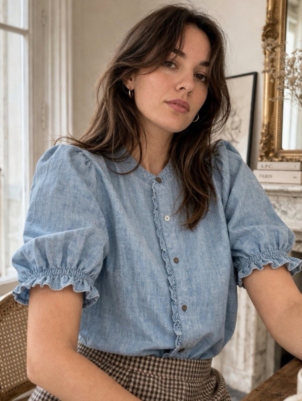 JCrew Ladies Blue Chambray Short Puff Sleeve Button Down Top SZ S